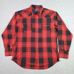 VTG USA Wrangler Shirt 16 1/2 x 35 Red Black Plaid Cowboy Cut Snap X-Long Tails